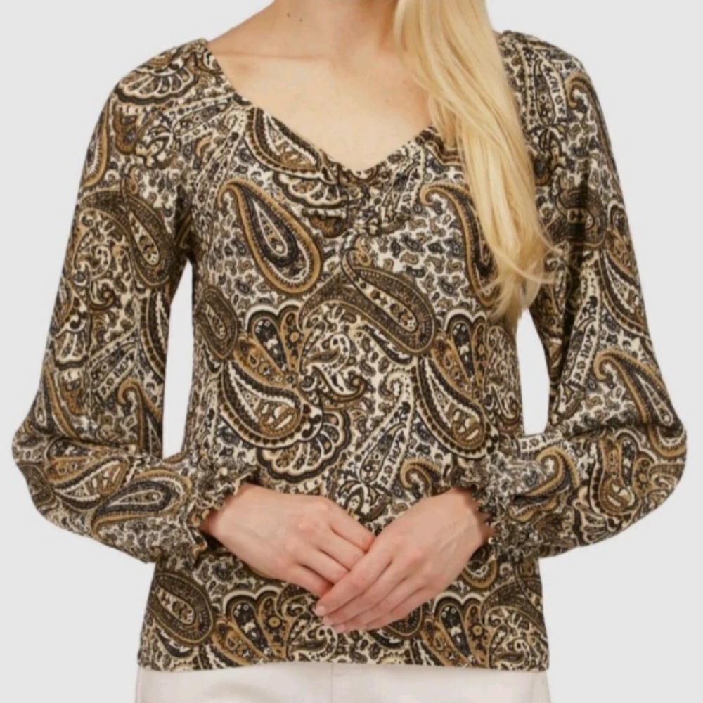 Michael Kors MK Puff Sleeve Paisley Boho Brown Blouse Top size Large V-Neck Cute